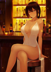  1girl absurdres alcohol alexiel_(pixiv6211566) arm_support armlet azur_lane backless_dress backless_outfit bar_(place) bare_shoulders black_hair blush bottle breasts brown_eyes cleavage crossed_legs cup dark-skinned_female dark_skin dated dress earrings glint hair_up halter_dress halterneck highres indoors jewelry large_breasts light_particles long_hair looking_at_viewer md5_mismatch native_american no_panties parted_lips resolution_mismatch sideboob sidelocks signature sitting solo source_smaller south_dakota_(azur_lane) south_dakota_(solo_concert)_(azur_lane) white_dress  rating:Sensitive score:80 user:danbooru