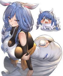  2girls absurdres angry animal_ear_fluff animal_ears ass ass_cutout bent_over blue_hair braid braided_ponytail breasts butt_crack clothing_cutout frown highres hololive honkivampy large_breasts long_hair looking_at_viewer multicolored_hair multiple_girls open_mouth pekomama rabbit_ears rabbit_girl rabbit_tail red_eyes shoulder_cutout simple_background standing tail thick_eyebrows twin_braids usada_pekora virtual_youtuber white_background white_hair 