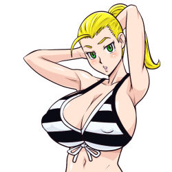 1girl ahoge arm_behind_head armpits arms_up bikini bikini_top_only blonde_hair breasts covered_erect_nipples female_focus green_eyes hasunuma_riko huge_breasts kabahan navel ponytail simple_background solo standing striped_bikini striped_clothes swimsuit terao upper_body white_background