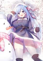 1girl :d black_ribbon blue_hair boots branch breasts choker crotch_seam dress emori_miku frilled_dress frills from_below fur_hat grey_thighhighs hand_up hat highres large_breasts liver_city long_hair looking_at_viewer miko_(royal_milk) mittens open_mouth panties pantyshot pink_ribbon purple_eyes purple_panties ribbon skindentation smile snowflakes snowman solo standing thighhighs underwear very_long_hair winter_clothes rating:Sensitive score:10 user:danbooru