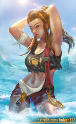  1girl abs arm_ribbon arms_behind_head bare_shoulders belt black_shirt brigitte_(overwatch) brown_hair crop_top curvy female_focus freckles hair_ornament hairclip highres judash137 long_hair looking_at_viewer midriff multiple_girls muscular navel open_mouth overwatch ribbon shirt sidelocks sleeveless smile solo sunlight sweat tank_top thigh_gap thighs torn_clothes water water_drop wet wet_clothes  rating:General score:16 user:pimps1678