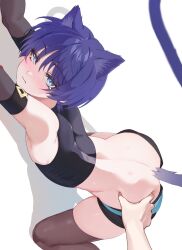  1boy animal_ear_fluff ass ass_grab back black_shorts blue_eyes blush bridal_gauntlets brown_thighhighs cat_boy chobonu crop_top elbow_gloves eyelashes foot_out_of_frame genshin_impact gloves grabbing_another&#039;s_ass hair_between_eyes heart highres looking_at_viewer male_focus mouth_hold purple_hair purple_tail scaramouche_(genshin_impact) shadow shirt short_hair short_shorts shorts simple_background skin_tight skindentation sleeveless sleeveless_shirt solo thighhighs thighs top-down_bottom-up trap wanderer_(genshin_impact) white_background 