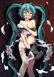 1girl ace_(playing_card) ace_of_diamonds ace_of_spades aqua_hair bare_shoulders blush card checkered_clothes checkered_dress covering_breasts covering_privates diamond_(shape) dirty dress embarrassed female_focus gloves hair_ribbon hat hatsune_miku highres holding holding_clothes holding_hat long_hair nipples no_bra no_panties open_mouth orange_eyes pantyhose playing_card ribbon solo spade_(shape) striped_clothes striped_pantyhose top_hat torn_clothes torn_dress torn_gloves torn_hat torn_pantyhose tsukishiro_saika twintails vertical-striped_clothes vertical-striped_pantyhose vocaloid white_dress white_gloves white_pantyhose rating:Questionable score:38 user:Dweenie