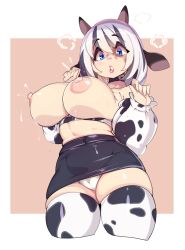  1girl absurdres animal_ears animal_print black_hair blue_eyes breasts breasts_out cameltoe cleft_of_venus collar cow_girl cow_print curvy highres lactation large_areolae large_breasts looking_at_breasts multicolored_hair nipples original slugbox solo thick_thighs thighs white_hair  rating:Explicit score:108 user:bruckbruck
