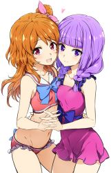 2girls :d aikatsu! aikatsu!_(series) alternate_hairstyle bikini braid breasts brown_hair casual_one-piece_swimsuit cheek-to-cheek commentary frilled_bikini frills holding_hands hand_on_another&#039;s_hip heads_together hikami_sumire minatsuki_randoseru multiple_girls navel one-piece_swimsuit one_side_up ozora_akari open_mouth pink_ribbon pink_one-piece_swimsuit purple_eyes purple_hair red_bikini red_eyes ribbon sailor_collar simple_background small_breasts smile swimsuit twin_braids white_background 