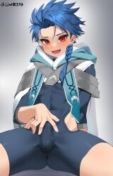 1boy arm_support artist_name asymmetrical_bangs bishounen blue_hair bodysuit braid braided_ponytail bulge cloak clothing_cutout cu_chulainn_(fate) earrings eyelashes fate/grand_order fate_(series) feet_out_of_frame forehead g1_(jjw00123) grey_background highres hood hood_down hooded_cloak jewelry long_hair male_focus open_mouth paid_reward_available red_eyes setanta_(fate) side_cutout sitting solo spiked_hair stud_earrings teeth thighs twitter_username rating:Questionable score:23 user:danbooru