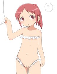 1girl :o ? bikini blush bubukka character_name character_request cleft_of_venus eyebrows flat_chest frilled_bikini frills holding_hands loli looking_at_viewer navel pink_eyes pink_hair ponytail pussy short_hair simple_background solo_focus speech_bubble spoken_question_mark swimsuit white_background white_bikini rating:Explicit score:120 user:danbooru