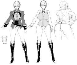 1girl ass back belt breasts character_sheet concept_art curvy female_focus flat_color full_body hand_on_own_hip high_heels highres huge_ass large_breasts monochrome multiple_views short_hair simple_background sketch spandex standing thick_thighs thighs usagi_nagomu rating:Questionable score:20 user:cheezeit