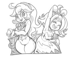  2girls @_@ acerola_(pokemon) arm_up armpits bare_shoulders blush breasts cleavage closed_eyes creatures_(company) dress drills game_freak greyscale hair_ornament hand_up hands_up happy hex_maniac_(pokemon) large_breasts long_hair long_sleeves looking_to_the_side medium_breasts monochrome multiple_girls nintendo npc_trainer open_mouth pokemon pokemon_sm pokemon_xy short_hair simple_background smile strapless strapless_dress teeth white_background 