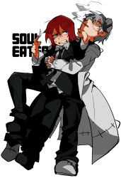  2boys black_coat black_pants blue_eyes cigarette clenched_teeth coat collared_shirt franken_stein_(soul_eater) glasses grey_hair hayotukiaeya highres holding_scalpel lab_coat multiple_boys object_through_head pants red_hair screw_in_head shirt soul_eater spirit_albarn stitched_face stitches sweatdrop teeth white_background 
