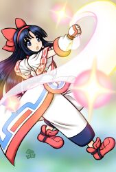  1girl ainu_clothes attack blue_eyes blue_hair breasts fingerless_gloves gloves hair_ribbon highres legs long_hair nakoruru open_mouth pants ribbon samurai_spirits serious shoes small_breasts snk the_king_of_fighters thighs 