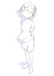  1girl ^_^ arms_behind_back closed_eyes closed_mouth dot_nose closed_eyes facing_away full_body greyscale happy highres monochrome original poyozoo_(poyozoz) shirt shoes short_hair short_sleeves simple_background smile solo spot_color standing white_background wind 