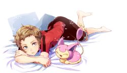  1boy arched_back bad_id bad_pixiv_id barefoot bed_sheet blue_eyes brendan_(pokemon) brown_hair brown_shorts closed_mouth commentary_request creatures_(company) cushion game_freak gen_3_pokemon jacket male_focus nintendo pokemon pokemon_(creature) pokemon_oras red_jacket short_hair short_sleeves shorts skitty toes white_background xichii zipper_pull_tab  rating:Sensitive score:4 user:danbooru