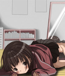 10s 1girl 2016 aki_(yunkana) anus ass black_hair blush cleft_of_venus from_behind hood hoodie loli long_sleeves looking_at_viewer lying mirror no_panties on_stomach pussy reflection skirt sleeves_past_wrists uncensored rating:Explicit score:103 user:uncle_wiggles