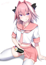  1boy astolfo_(fate) astolfo_(sailor_paladin)_(fate) crop_top crossdressing fate/grand_order fate_(series) food from_above hair_intakes highres kitajima_yuuki kneeling looking_at_viewer makizushi male_focus navel pink_hair pink_sailor_collar pink_skirt pleated_skirt purple_eyes sailor_collar sexually_suggestive skindentation skirt solo spread_legs sushi thighhighs thighs tongue tongue_out trap white_background white_thighhighs zettai_ryouiki  rating:Questionable score:31 user:danbooru