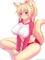 1girl animal_ear_fluff animal_ears barefoot blonde_hair breasts buruma cat_ears cat_girl cat_tail commentary covered_erect_nipples english_commentary grin highres large_breasts long_hair looking_at_viewer nottytiffy original patreon_username ponytail red_buruma red_eyes shirt sitting slit_pupils smile solo tail teeth tiffy_(nottytiffy) watermark web_address rating:Sensitive score:61 user:danbooru