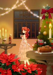 1girl alcohol arm_behind_back bell blurry bottle bow candelabra candlestand carpet christmas christmas_tree commentary_request cup curled_fingers depth_of_field dress drinking_glass flower full_body green_eyes holding holding_cup indoors long_hair looking_at_viewer looking_back micoto night open_mouth original ornament pine_tree pink_dress pink_sash ponytail red_bow red_carpet red_flower red_hair sash snowing solo sparkle standing star_(symbol) streamers table tree window wine wine_bottle wine_glass wooden_floor yule_log_(cake)