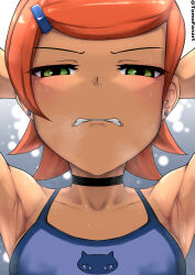 1girl absurdres angry armpits arms_behind_head ben_10 breasts choker clenched_teeth crop_top ear_piercing earrings female_focus green_eyes gwen_tennyson hair_ornament hairclip highres jewelry loli looking_at_viewer orange_hair piercing short_hair small_breasts solo steam stud_earrings sweat swept_bangs teeth tomodachi_(tomofanart) upper_body rating:Questionable score:111 user:Disastermaster55