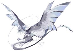  animal_feet animal_focus animal_hands blue_wings claws commission dragon extra_ears full_body grey_fur grey_wings highres kamikiririp large_wings monster multicolored_wings no_humans original solo spread_wings white_background white_hair white_wings wings 