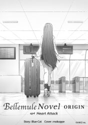  absurdres airport commentary_request denonbu facing_away from_behind full_body highres holding holding_suitcase indoors lico_(denonbu) long_hair long_sleeves mokoppe rolling_suitcase shirt shoes shorts socks standing suitcase tile_floor tiles walking window 