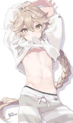  1boy aether_(genshin_impact) arms_behind_head arms_up belly bishounen blonde_hair blush braid clothes_lift cowboy_shot english_text genshin_impact highres long_hair looking_at_viewer male_focus mouth_hold navel potti-p shirt_lift simple_background single_braid solo trap white_background yellow_eyes  rating:Sensitive score:69 user:danbooru