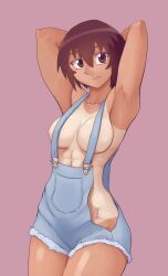  1girl abs armpits arms_behind_head arms_up azumanga_daiou blue_overalls breasts brown_eyes brown_hair closed_mouth collarbone commentary cowboy_shot cutoffs dark-skinned_female dark_skin groin hair_between_eyes highres kagura_(azumanga_daioh) large_breasts light_smile long_bangs looking_at_viewer muscular muscular_female naked_overalls no_bra no_panties no_shirt one-piece_tan overalls pink_background reqqles revealing_clothes romaji_commentary short_hair side_slit sideboob simple_background smile solo standing tan tanline tomboy underboob 