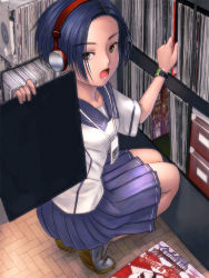  1girl blue_hair book bookshelf breasts cable from_behind full_body hairband headphones herringbone holding indoors kobayakawa_rinko loafers looking_at_viewer looking_back love_plus pleated_skirt purple_skirt record record_jacket s_zenith_lee school_uniform shoes short_hair short_sleeves skirt small_breasts solo spinal_tap squatting tiptoes watch wooden_floor wristwatch 