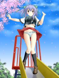  1girl :o ahoge arms_up black_socks blue_panties blue_sky blurry blurry_background blush bow bow_panties brown_eyes brown_footwear cherry_blossoms clothes_lift from_below green_bow hair_between_eyes hair_bow kneehighs knees_together_feet_apart legs looking_at_viewer looking_down midriff midriff_peek multicolored_clothes multicolored_panties multicolored_shirt multicolored_underwear navel nikkeru_suiso open_mouth panties park pleated_skirt print_clothes print_panties print_underwear purple_hair red_skirt shirt shoes short_sleeves skirt skirt_lift sky slide socks solo standing striped_bow striped_clothes striped_panties tachibana_isana tagme thighs triangle_mouth underwear upskirt uwabaki wind wind_lift yumekui_merry 