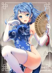 1girl :d bare_hips bare_shoulders blue_dress blue_eyes blue_hair blush breasts china_dress chinese_clothes covered_erect_nipples cowboy_shot double_bun dress elbow_gloves female_focus folding_fan gloves hair_bun hand_fan happy impossible_clothes impossible_dress kantai_collection kyogoku_shin large_breasts leg_up long_hair matching_hair/eyes no_bra no_panties open_mouth revealing_clothes side_slit smile solo standing thighhighs urakaze_(kancolle) white_gloves white_thighhighs rating:Questionable score:15 user:danbooru