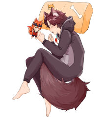  1boy animal_costume animal_ear_fluff animal_ears barefoot bone_print brown_hair character_doll chinese_commentary closed_eyes commentary_request ein_(mahjong_soul) full_body highres hood hood_down mahjong_soul male_focus open_mouth pillow short_hair simple_background sleeping solo tail vior_weier white_background wolf_boy wolf_costume wolf_ears wolf_tail zechs_(mahjong_soul) 