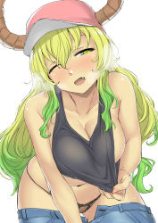  10s 1girl ;d bare_shoulders baseball_cap black_panties blonde_hair breasts cleavage clothes_pull collarbone denim denim_shorts dragon_horns fang gradient_hair green_hair hat heavy_breathing heterochromia highres horns kobayashi-san_chi_no_maidragon large_breasts leaning_forward long_hair lucoa_(maidragon) multicolored_hair navel nekotama1987 no_bra one_eye_closed open_mouth panties pink_lips shirt_pull shorts sideboob simple_background slit_pupils smile solo stomach string_panties sweat swimsuit tank_top two-tone_hair underwear very_long_hair white_background 