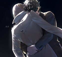 2boys akechi_gorou amamiya_ren black_jacket brown_coat brown_hair cezaria coat commentary_request dark_background dated from_behind gloves highres hug jacket light_particles male_focus messy_hair multiple_boys persona persona_5 short_hair twitter_username upper_body winter_clothes 
