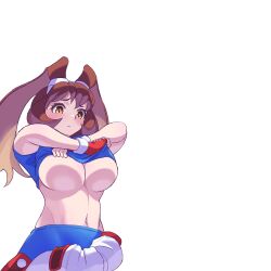  1girl absurdres animal_ears blush breasts brown_eyes brown_hair closed_mouth clothes_lift ema_(emaura) fingerless_gloves gloves highres large_breasts lifted_by_self looking_down makihara_arina midriff navel pants rabbit_ears rabbit_girl red_gloves solo spandex underboob undressing waku_waku_7 