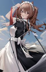 1girl :d alternate_costume angelina_(arknights) animal_ears apron arknights arm_up black_dress breasts brown_hair chichi_guai dress enmaided feet_out_of_frame fox_ears highres large_breasts long_hair maid maid_headdress open_mouth red_eyes smile solo standing twintails white_apron wrist_cuffs rating:Sensitive score:5 user:danbooru