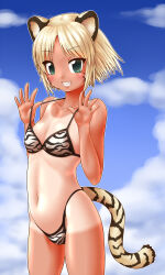  1girl animal_ears animal_print aqua_eyes bare_arms bare_shoulders bikini blonde_hair blue_sky breasts byakko_(nijiura_maids) cleavage cloud collarbone cowboy_shot day facial_mark fang futaba_channel grin hands_up highleg highleg_bikini highres kuma_(kumahoihoi) looking_at_viewer navel nijiura_maids one-piece_tan outdoors outline parted_bangs print_bikini pulled_by_self short_hair sky small_breasts smile solo standing strap_pull striped_tail swimsuit tail tan tanline thighs tiger_ears tiger_girl tiger_print tiger_tail whisker_markings white_outline 