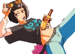  1girl 3amsoda beer_bottle belt belt_pouch black_hair black_shirt bob_cut breasts brown_eyes clothes_lift denim jeans layered_sleeves legs_apart long_sleeves lying midriff navel ohya_ichiko on_back open_mouth pants persona persona_5 pouch print_shirt shirt shirt_lift short_hair short_over_long_sleeves short_sleeves sunglasses_on_head white_shirt 