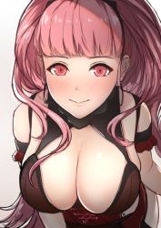  1girl belt blunt_bangs breasts cleavage closed_mouth corset fire_emblem fire_emblem:_three_houses hilda_valentine_goneril kannko_bokujou large_breasts long_hair looking_at_viewer matching_hair/eyes nintendo pink_eyes pink_hair simple_background smile solo thigh_strap twintails  rating:Sensitive score:65 user:danbooru