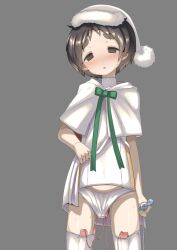  1girl :o black_eyes black_hair blush bobblehat bow capelet cowboy_shot female_focus female_masturbation fur-trimmed_headwear fur_trim green_bow grey_background head_tilt highres kantai_collection loli looking_at_viewer man_(man-room) maru-yu_(kancolle) masturbation object_insertion panties pussy_juice sex_toy short_hair simple_background solo standing sweat thick_eyebrows thighhighs underwear vaginal vaginal_object_insertion vibrator vibrator_cord vibrator_in_thighhighs vibrator_under_clothes vibrator_under_panties white_capelet white_headwear white_panties white_thighhighs 