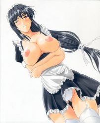 1girl apron bad_id bad_pixiv_id black_hair blush breasts breasts_out female_focus frills garter_straps huge_breasts long_hair looking_at_viewer maid maid_apron maid_headdress muryuuin_tayun nipples one_eye_closed panties red_eyes solo standing thighhighs underwear wink rating:Questionable score:28 user:lkjh098