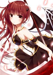  1girl :/ ahoge armlet bare_shoulders bat_wings fantasy highres holding horns jewelry long_hair looking_at_viewer lots_of_jewelry matching_hair/eyes necklace original red_eyes red_hair scythe side_ponytail solo wings yon_(letter)  rating:Sensitive score:8 user:danbooru