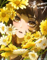  1girl brown_eyes brown_hair chinese_commentary close-up commentary_request dated flower highres long_hair looking_at_viewer open_mouth original portrait solo teeth upper_teeth_only weibo_logo white_flower yellow_flower zhu_yiguo_tian 