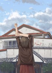  1girl blue_sky brown_hair brown_jacket cloud day house jacket onsen ookashippo original outdoors red_skirt rooftop scenery skirt sky solo stretching tree 