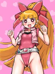 1girl akazutsumi_momoko belt blush breasts cameltoe cleft_of_venus female_focus gem heart highres hyper_blossom jacket jewelry leotard loli long_hair looking_at_viewer magical_girl orange_hair pink_background powerpuff_girls_z prettyspectrum red_eyes red_leotard small_breasts smile solo standing tight_clothes rating:Questionable score:57 user:danbooru