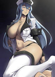 1boy 1girl akame_ga_kill! assertive_female blue_eyes blue_hair blush boots breasts chest_tattoo choker cleavage colored_eyelashes esdeath femdom hair_between_eyes hat highres large_breasts long_hair long_sleeves looking_down matching_hair/eyes military military_uniform navel no_bra open_mouth packge parted_lips peaked_cap smile solo_focus tattoo thigh_boots thighhighs uniform rating:Questionable score:105 user:Vardigiil