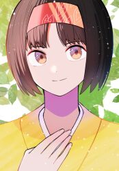  1girl brown_eyes brown_hair closed_mouth commentary_request creatures_(company) erika_(pokemon) eyelashes game_freak hairband hand_up happy highres japanese_clothes kana_(kanna_runa0620) kimono leaf looking_at_viewer nintendo parted_bangs pokemon pokemon_hgss short_hair smile solo upper_body white_background yellow_kimono 