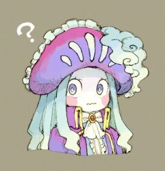  1girl ? ascot blue_eyes blue_hair brown_background center_frills coat colored_skin frilled_hat frills hat high_collar maniani original personification pirate pirate_hat portuguese_man_o&#039;_war purple_coat red_brooch solo upper_body wavy_mouth white_ascot white_skin yellow_trim  rating:General score:4 user:danbooru