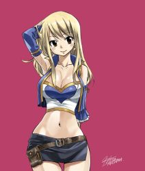  1girl arm_up blonde_hair breasts brown_eyes cleavage detached_sleeves fairy_tail hand_in_own_hair long_hair lucy_heartfilia mashima_hiro midriff miniskirt navel official_art purple_background signature simple_background skirt smile solo  rating:Sensitive score:72 user:dmysta3000
