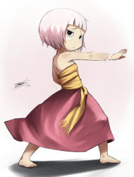  1girl artist_name bad_id barefoot blush_stickers bracelet feet flat_gaze from_side guu_(jungle_wa_itsumo) idfer jewelry jitome jungle_wa_itsumo_hare_nochi_guu looking_at_viewer outstretched_arm pink_hair sarashi serious short_hair signature simple_background solo stance standing toes  rating:Sensitive score:19 user:pastel32