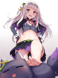 1girl bare_legs barefoot black_capelet black_gloves black_hairband black_skirt blunt_bangs blush bow breasts capelet commentary_request crop_top feet from_below gloves gluteal_fold hair_bun hair_ornament hairband hands_on_own_hips highres hololive long_hair long_sleeves looking_at_viewer miniskirt mogmog murasaki_shion murasaki_shion_(1st_costume) open_mouth panties pantyshot pink_bow pinstripe_pattern pinstripe_shirt purple_panties red_eyes shiokko_(murasaki_shion) shirt side_bun simple_background single_hair_bun single_side_bun skirt small_breasts solo standing stomach striped_clothes striped_shirt thigh_strap toes underwear vertical-striped_clothes vertical-striped_shirt virtual_youtuber