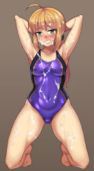 1girl armpits arms_behind_head artoria_pendragon_(all) artoria_pendragon_(fate) bad_id bad_pixiv_id barefoot blonde_hair blush bukkake clenched_teeth competition_swimsuit covered_erect_nipples covered_navel cum cum_on_body cum_on_clothes cum_on_hair cum_on_lower_body cum_on_upper_body disgust facial fate/stay_night fate_(series) full_body green_eyes half-closed_eyes highres kneeling long_hair looking_at_viewer naughty_face nite_(ku3456) official_alternate_costume one-piece_swimsuit parted_lips purple_one-piece_swimsuit saber_(fate) saber_(summer_battle_clothes)_(fate) solo swimsuit teeth rating:Explicit score:39 user:danbooru